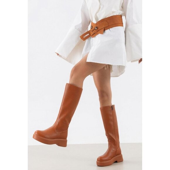 Women's Brown Knee Leather Platform Chelsea Boots Front Zip Chunky Combat Bootie - Picture 4 of 6